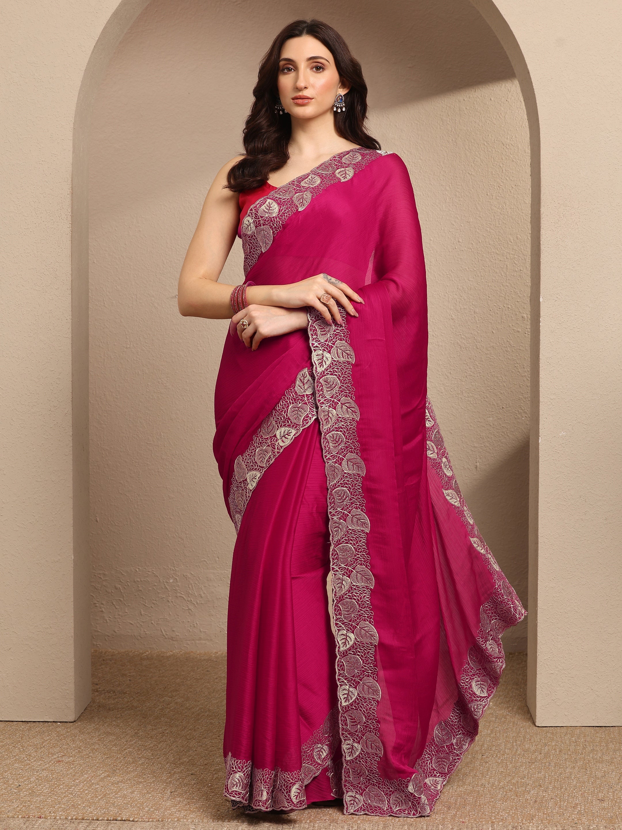 libas Pink Solid Silk Blend Saree With Unstitched Blouse Piece-picture-23