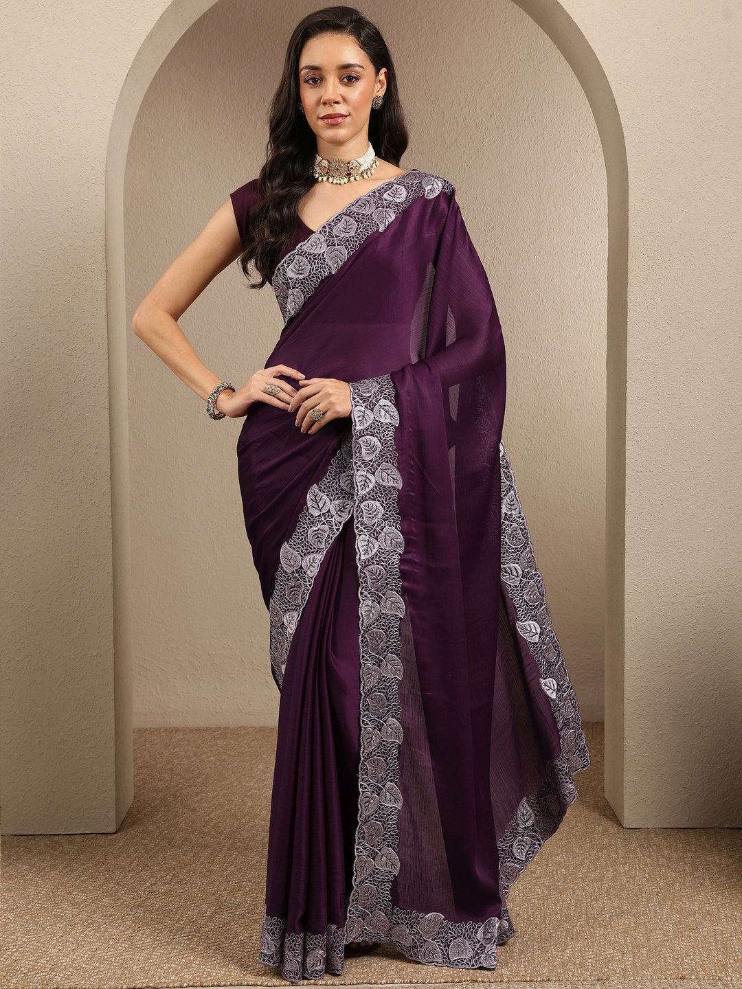  Burgundy Solid Silk Blend Saree With Unstitched Blouse Piece 