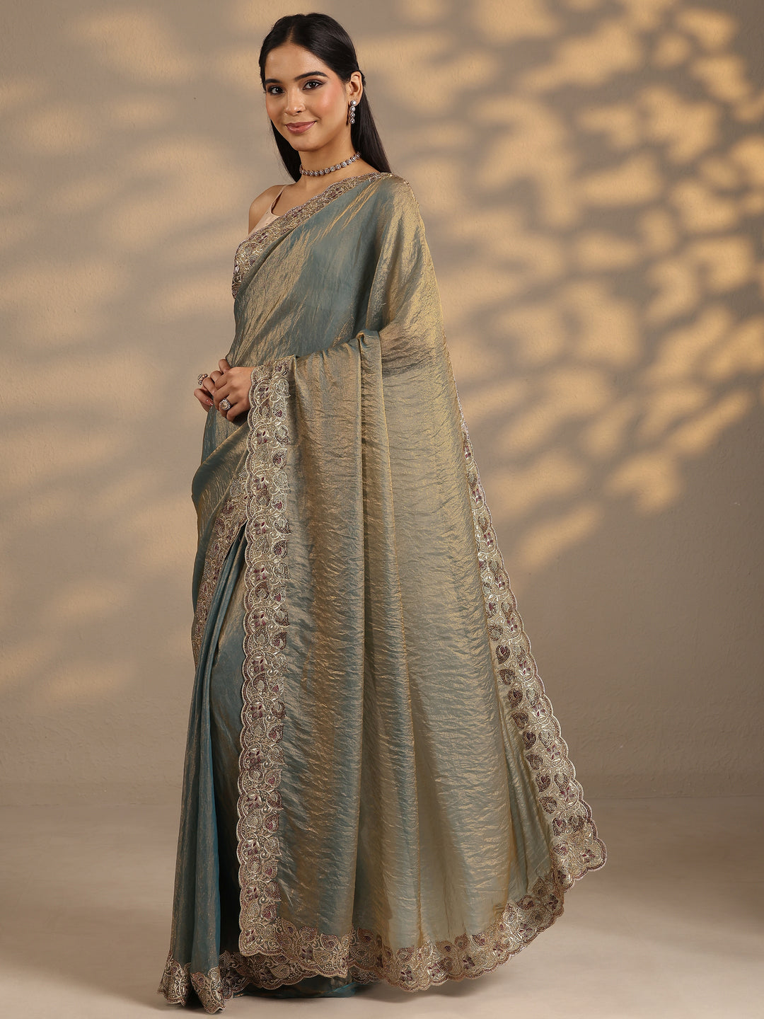  Blue Solid Silk Blend Saree With Unstitched Blouse Piece 