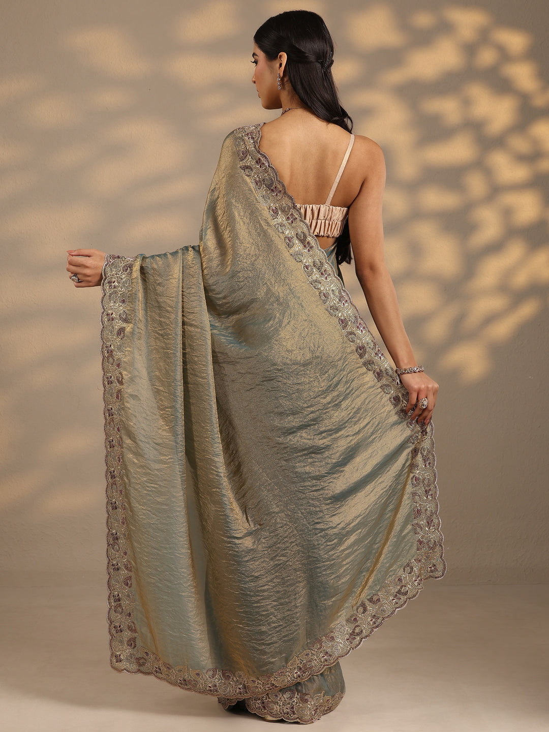  Blue Solid Silk Blend Saree With Unstitched Blouse Piece 