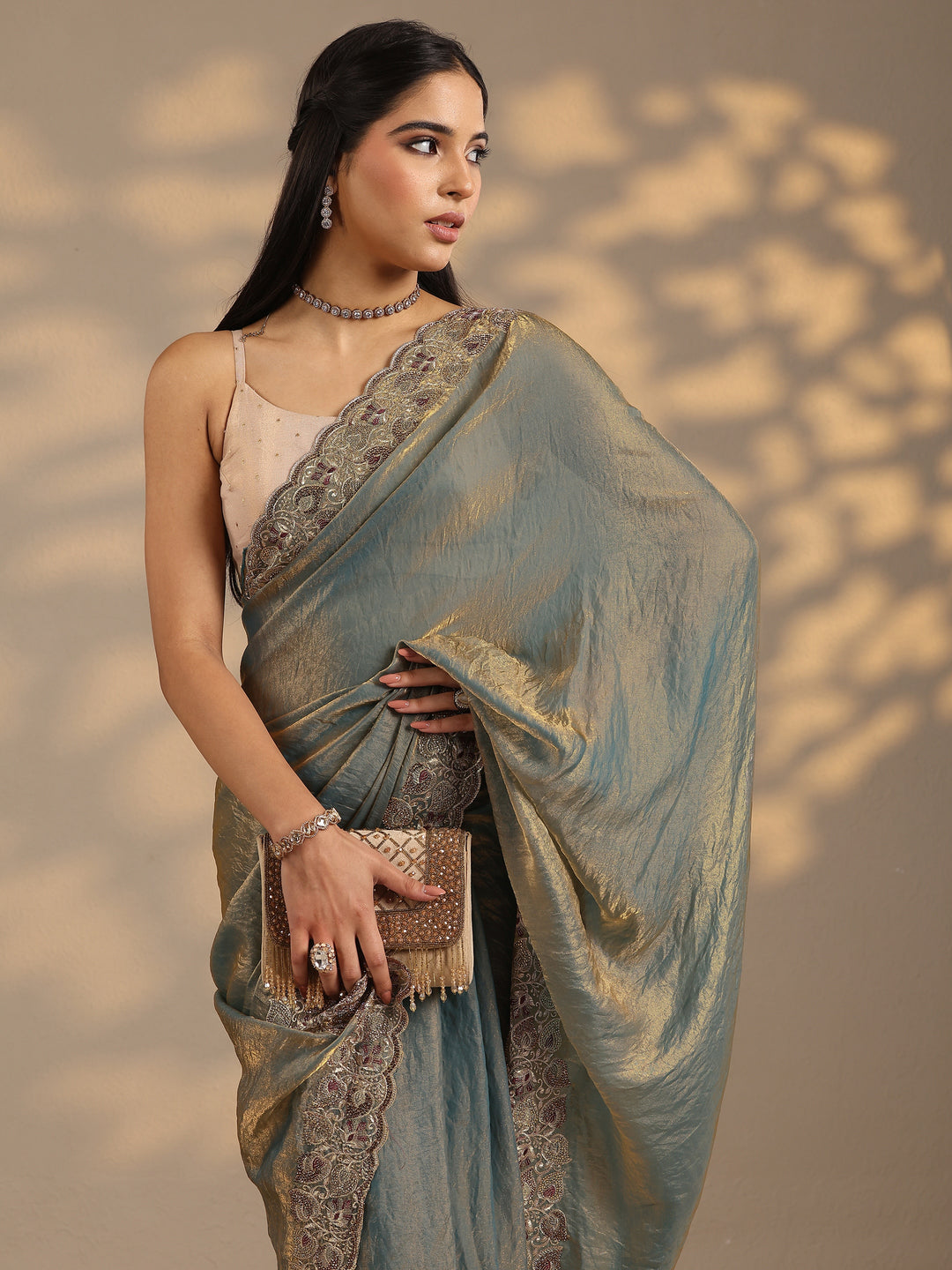  Blue Solid Silk Blend Saree With Unstitched Blouse Piece 