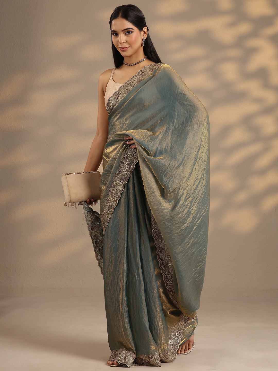  Blue Solid Silk Blend Saree With Unstitched Blouse Piece 