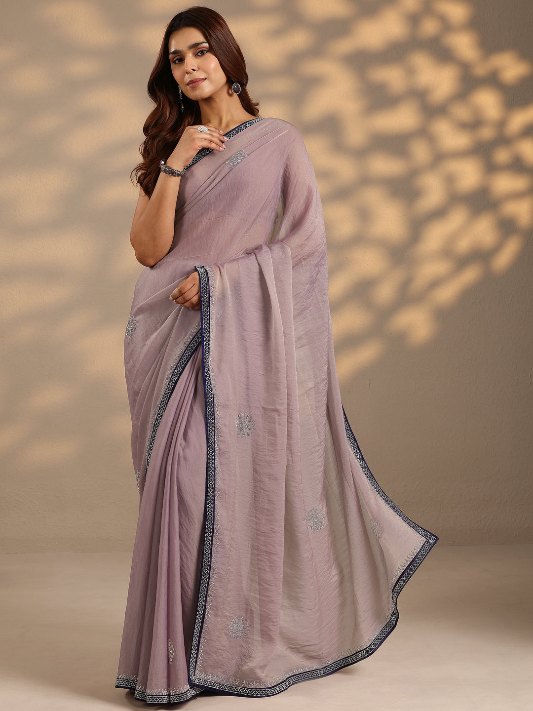  Lavender Embellished Organza Saree With Unstitched Blouse Piece 