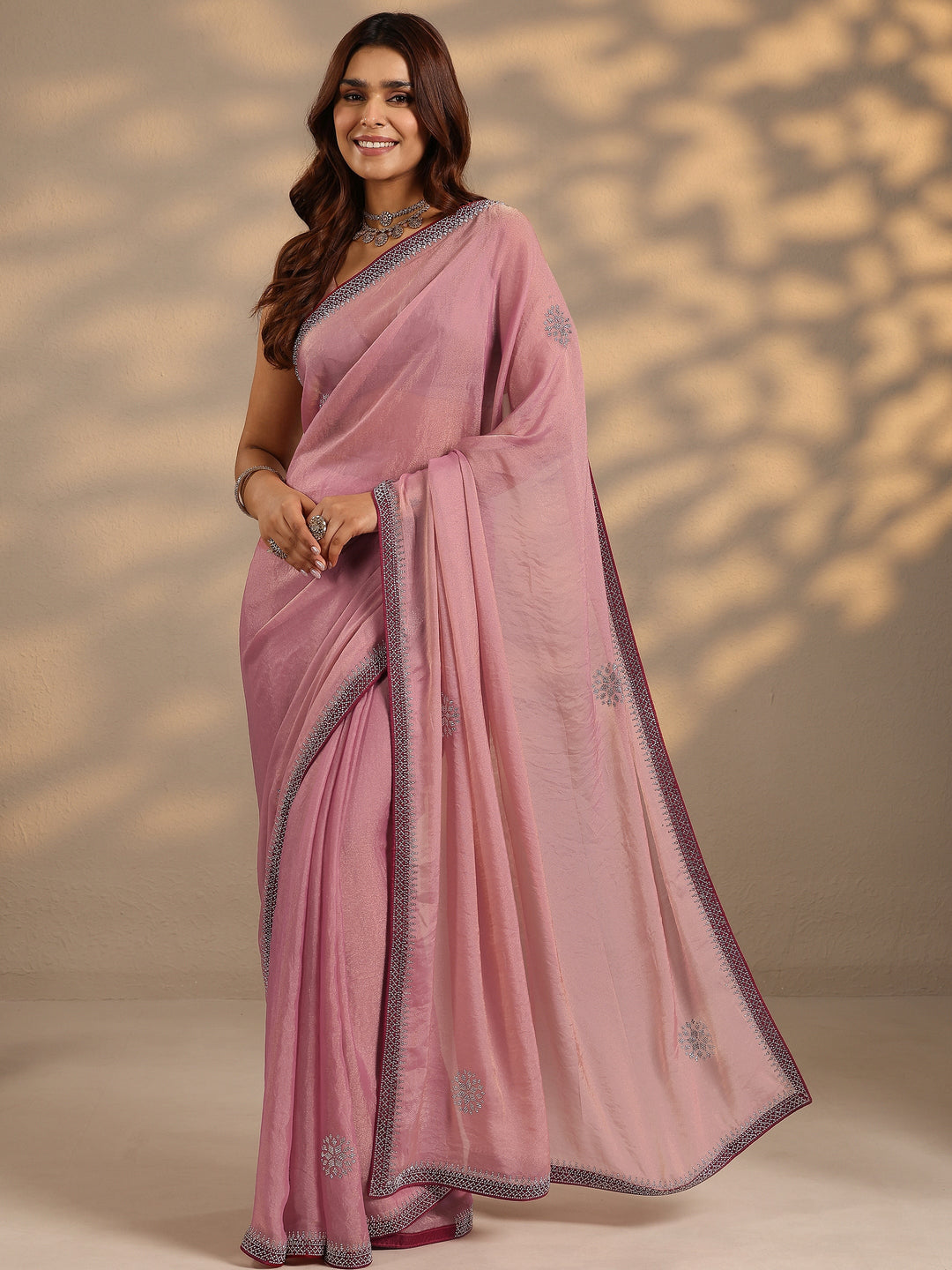  Pink Embellished Organza Saree With Unstitched Blouse Piece 