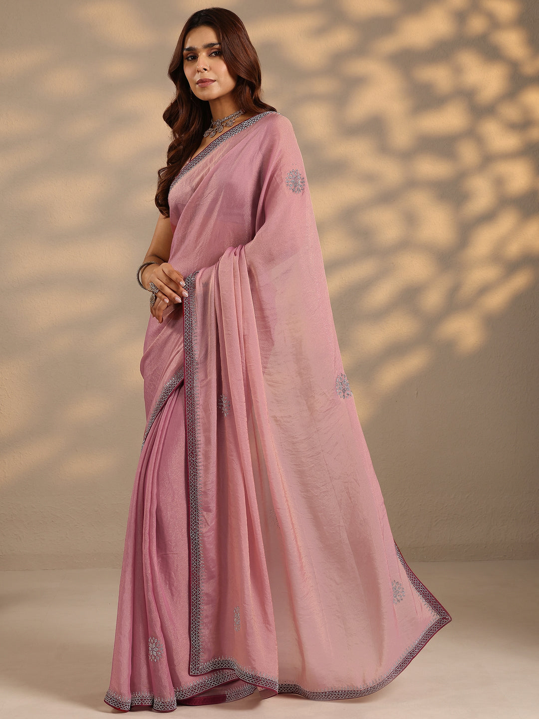  Pink Embellished Organza Saree With Unstitched Blouse Piece 