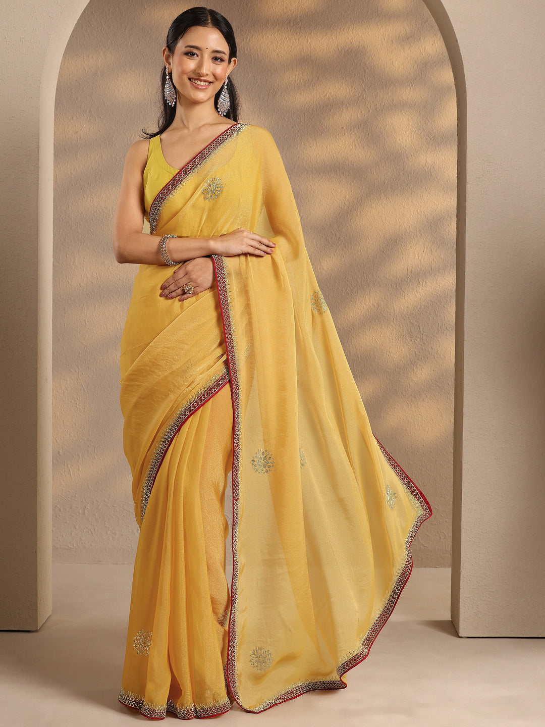  Yellow Embellished Organza Saree With Unstitched Blouse Piece 