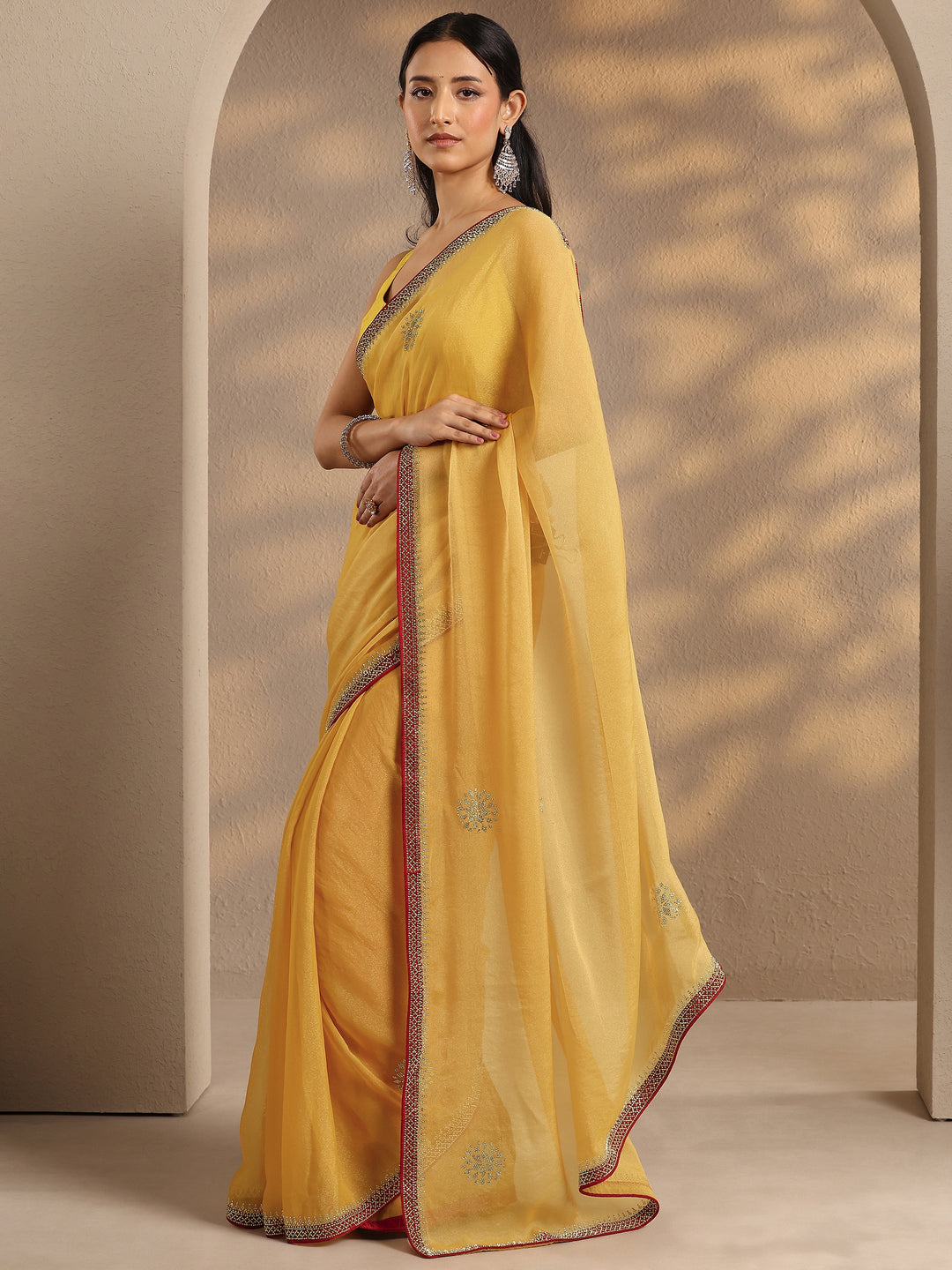  Yellow Embellished Organza Saree With Unstitched Blouse Piece 