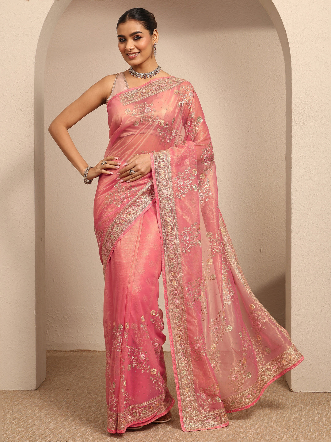  Peach Embroidered Nylon Saree With Unstitched Blouse Piece 