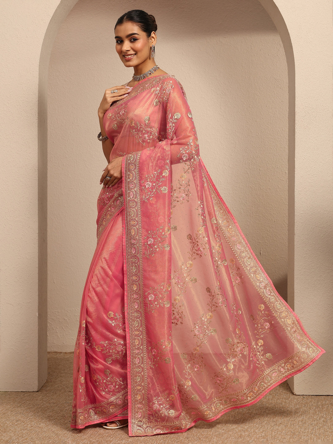  Peach Embroidered Nylon Saree With Unstitched Blouse Piece 
