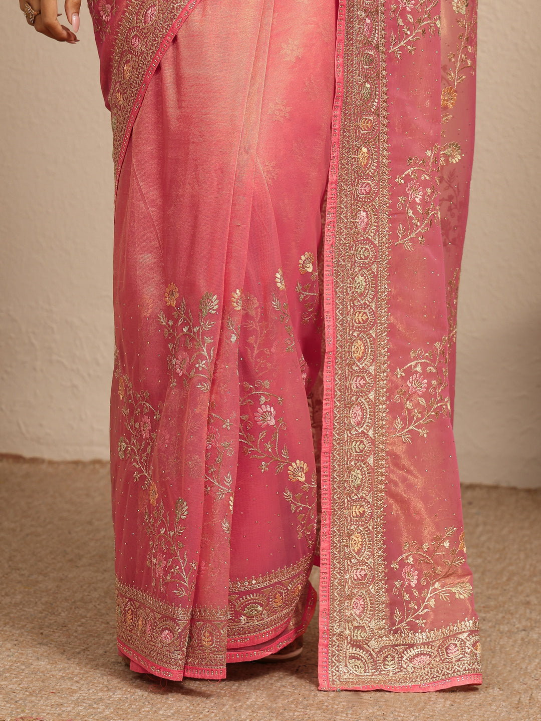 Peach Embroidered Nylon Saree With Unstitched Blouse Piece 