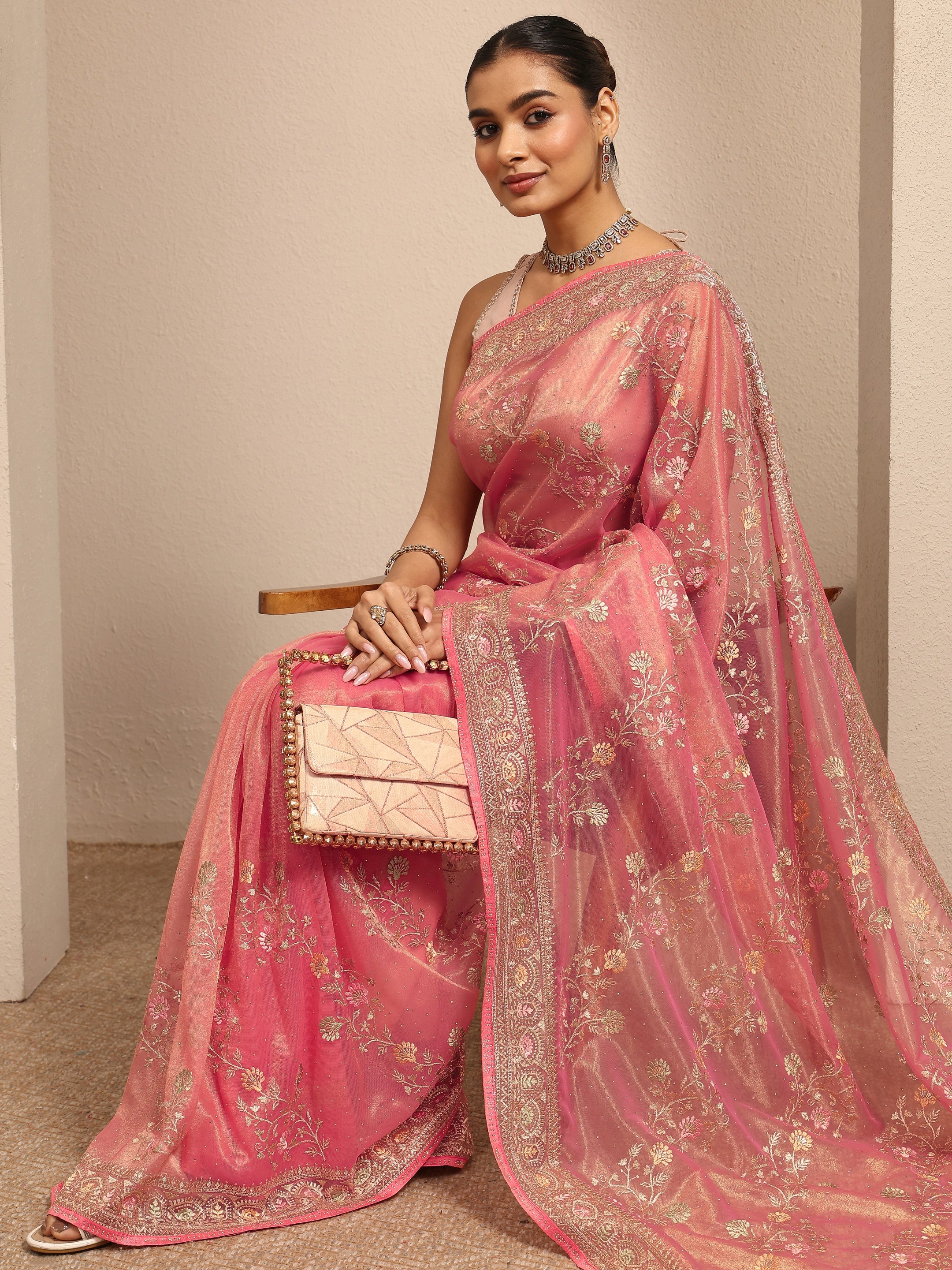 libas Peach Embroidered Nylon Saree With Unstitched Blouse Piece-picture-18
