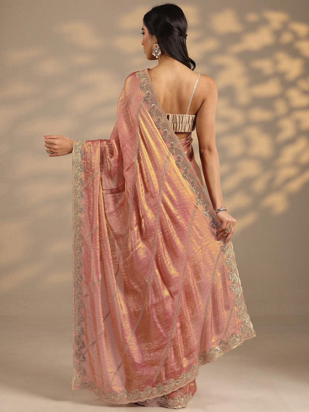  Peach Leheriya Embellished Silk Blend Saree With Unstitched Blouse Piece 