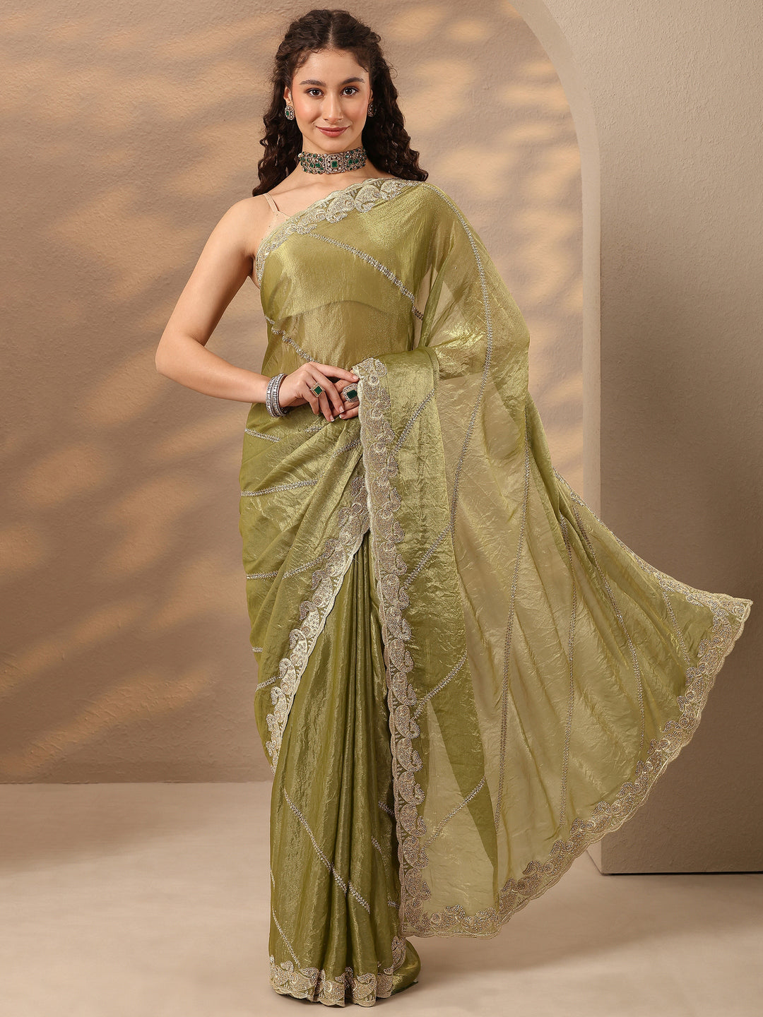  Green Leheriya Embellished Silk Blend Saree With Unstitched Blouse Piece 