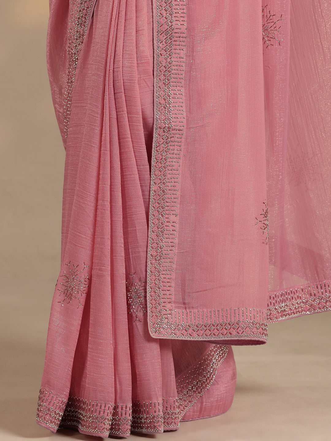  Peach Embellished Silk Blend Saree With Unstitched Blouse Piece 