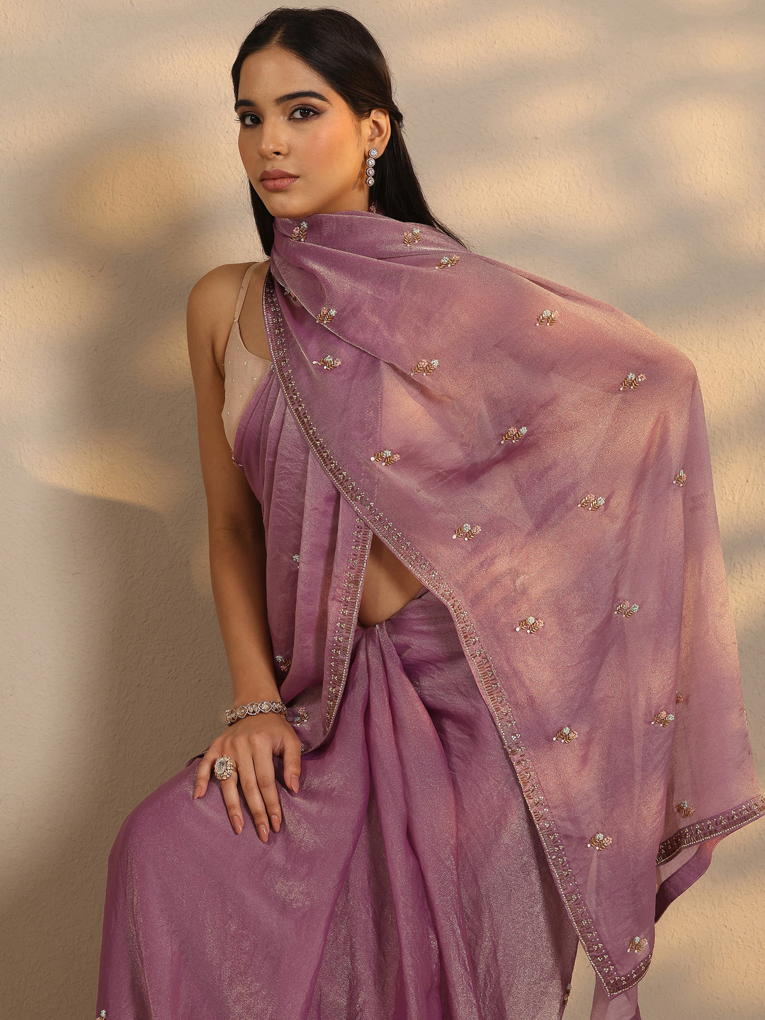  Purple Embellished Silk Blend Saree With Unstitched Blouse Piece 