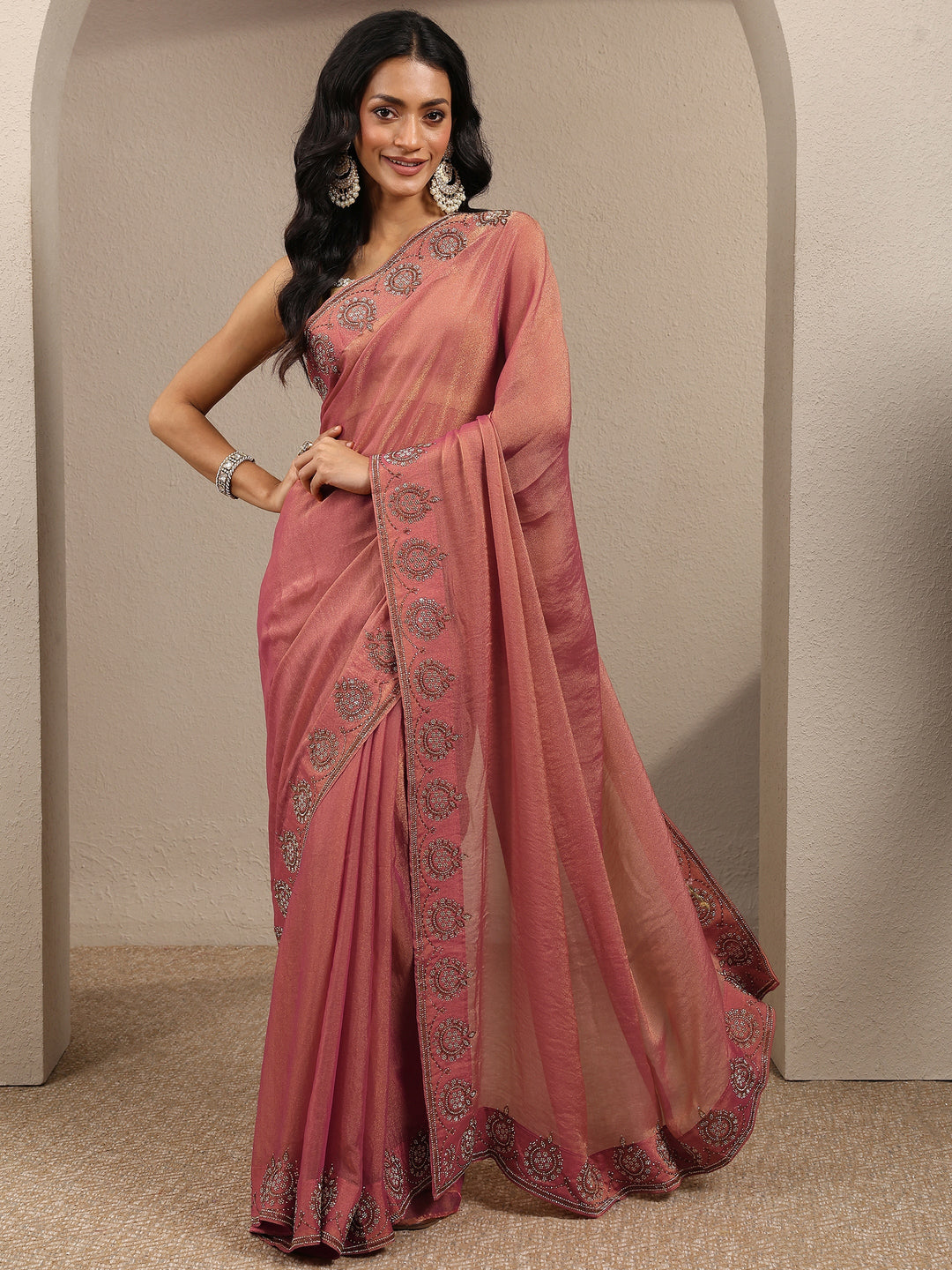  Coral Embellished Organza Saree With Unstitched Blouse Piece 