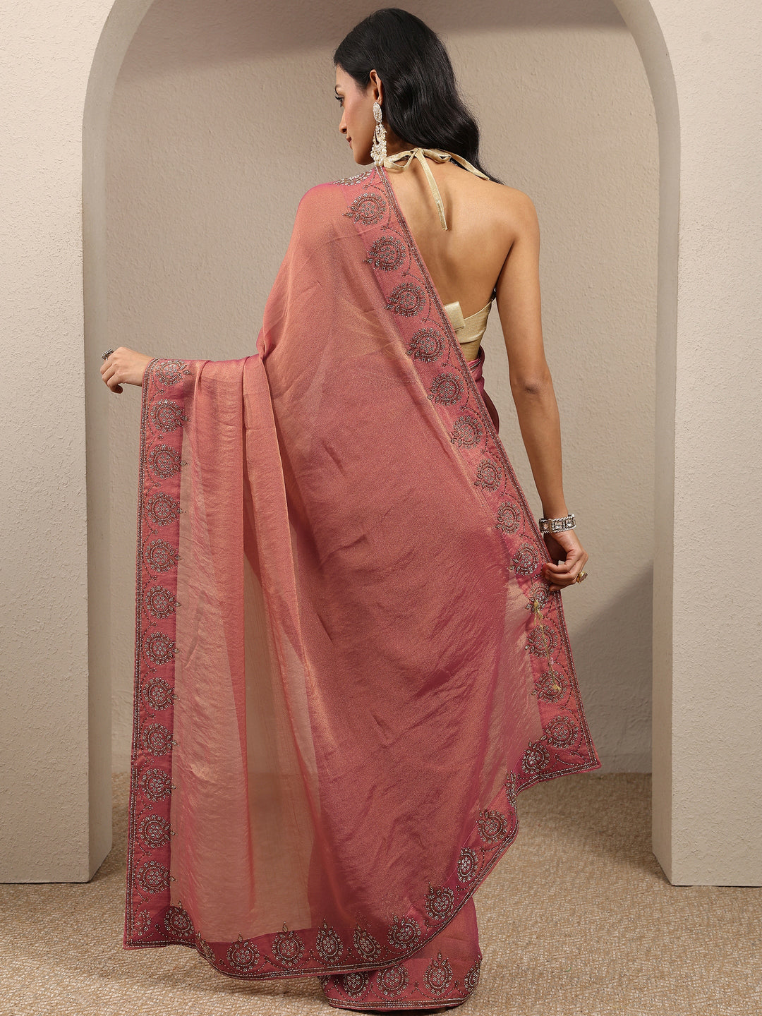  Coral Embellished Organza Saree With Unstitched Blouse Piece 