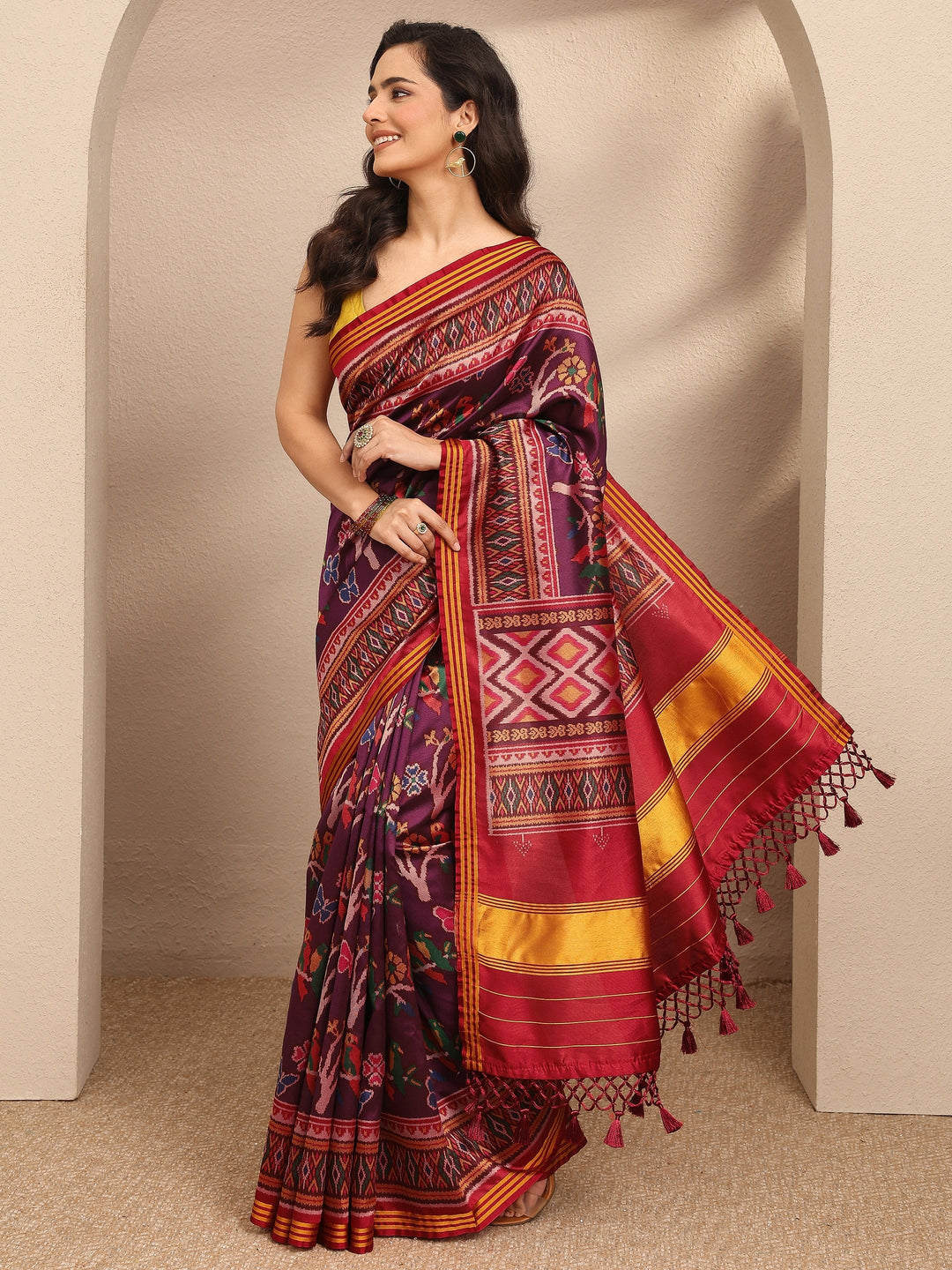  Purple Printed Silk Blend Saree With Unstitched Blouse Piece 
