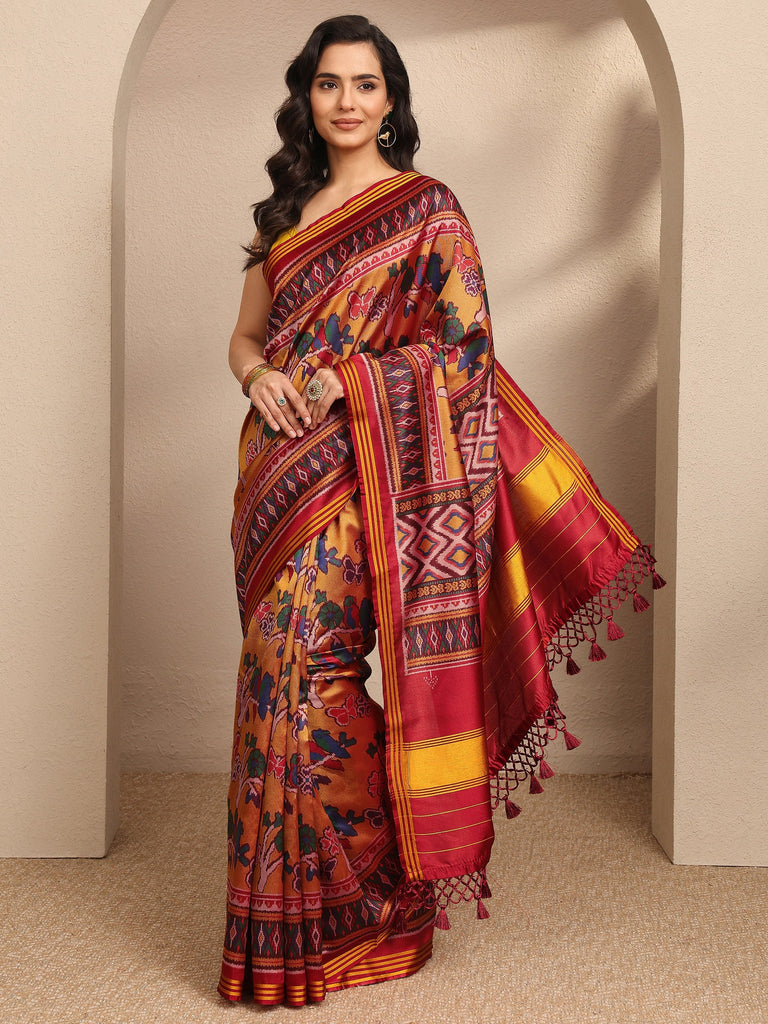Libas Mustard Ikkat Printed Silk Blend Saree With Unstitched Blouse Piece
