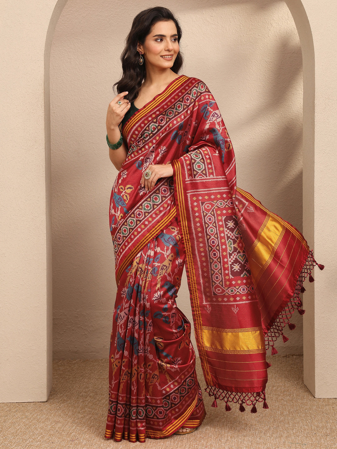  Orange Ikkat Printed Silk Blend Saree With Unstitched Blouse Piece 