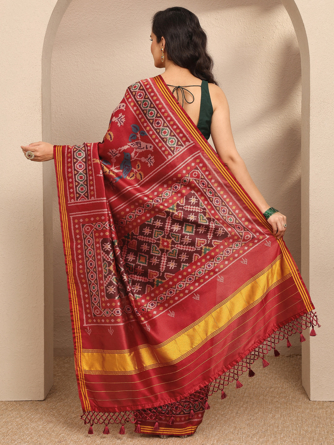  Orange Ikkat Printed Silk Blend Saree With Unstitched Blouse Piece 