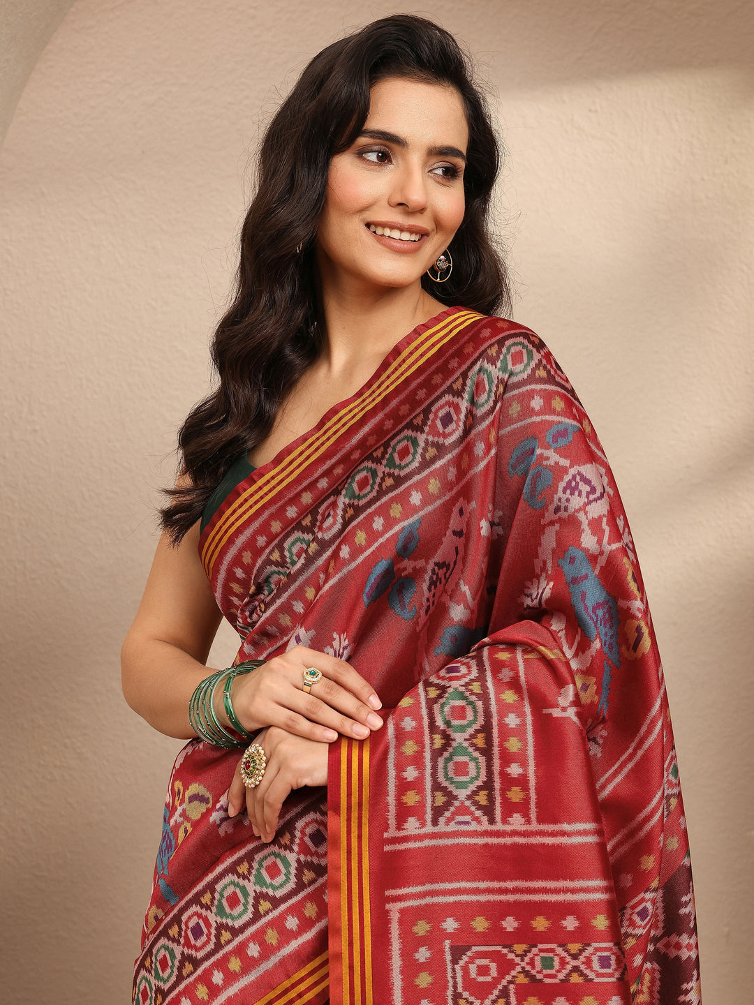  Orange Ikkat Printed Silk Blend Saree With Unstitched Blouse Piece 