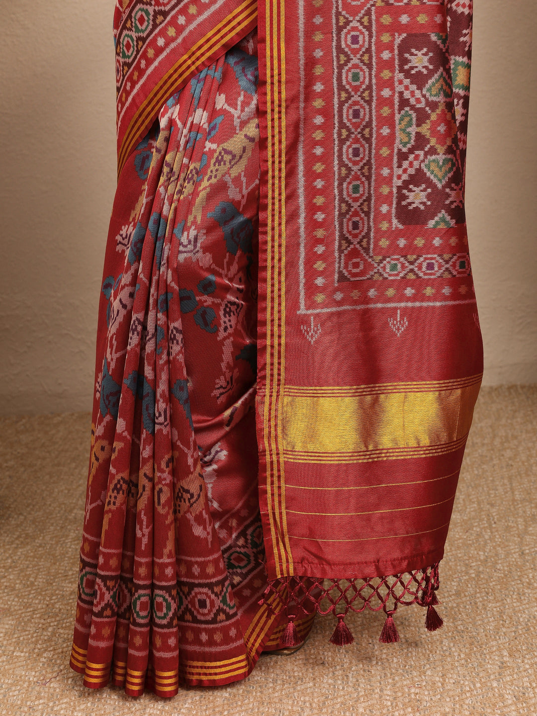  Orange Ikkat Printed Silk Blend Saree With Unstitched Blouse Piece 