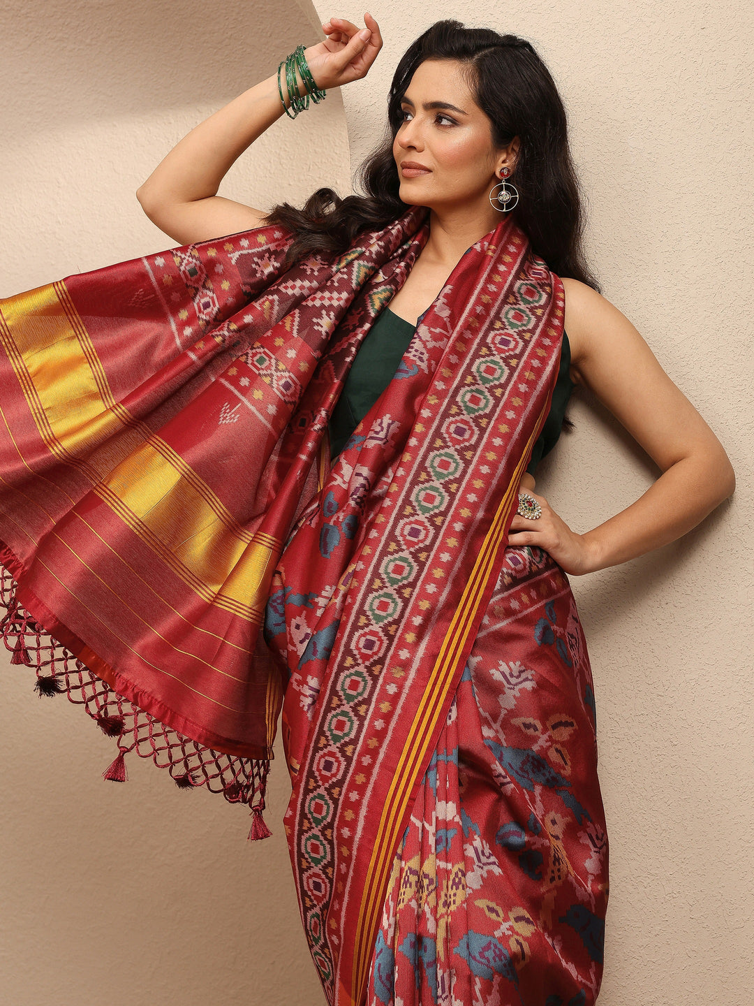  Orange Ikkat Printed Silk Blend Saree With Unstitched Blouse Piece 