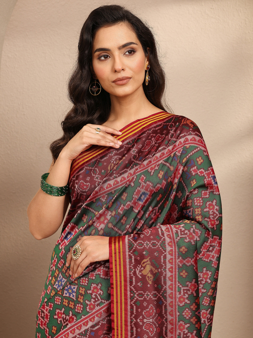  Green Ikkat Printed Silk Blend Saree With Unstitched Blouse Piece 