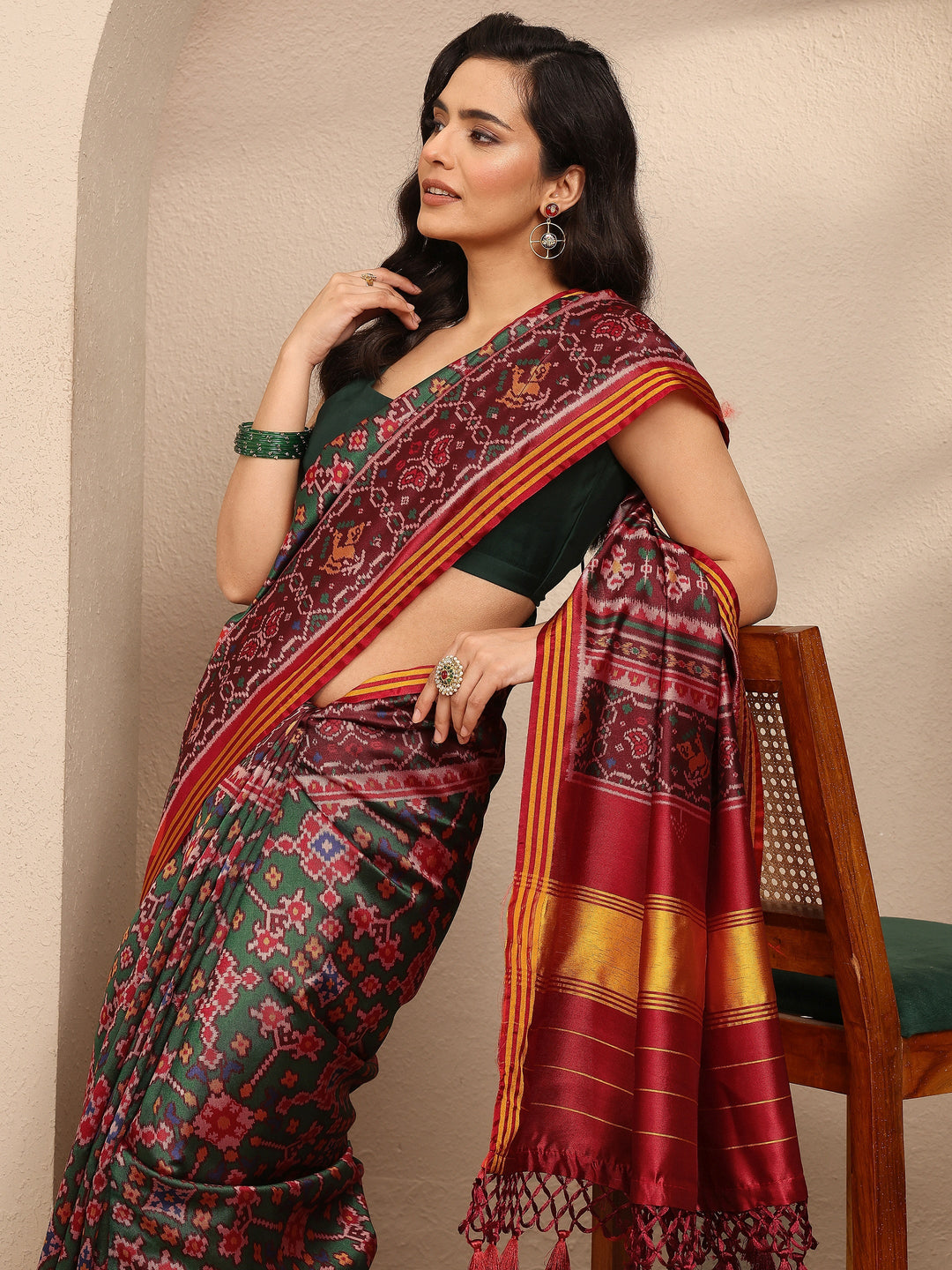  Green Ikkat Printed Silk Blend Saree With Unstitched Blouse Piece 