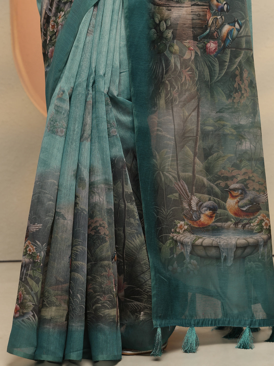  Green Printed Silk Blend Saree With Unstitched Blouse Piece 