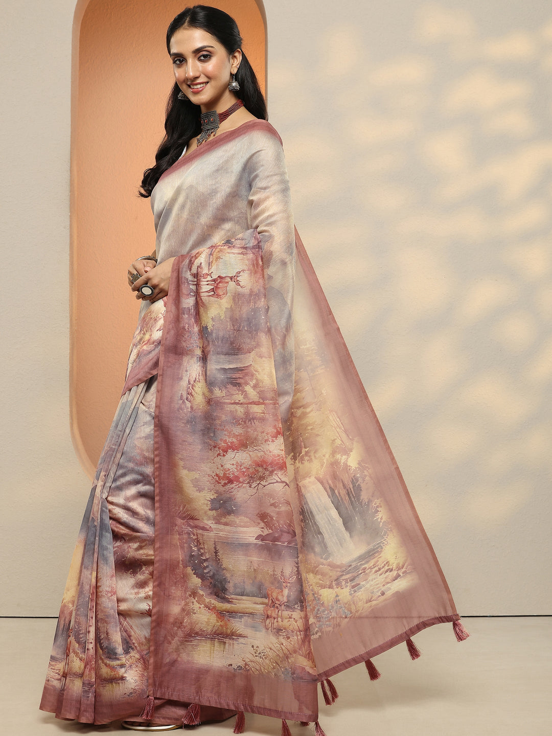  Pink Tribal Printed Silk Blend Saree With Unstitched Blouse Piece 