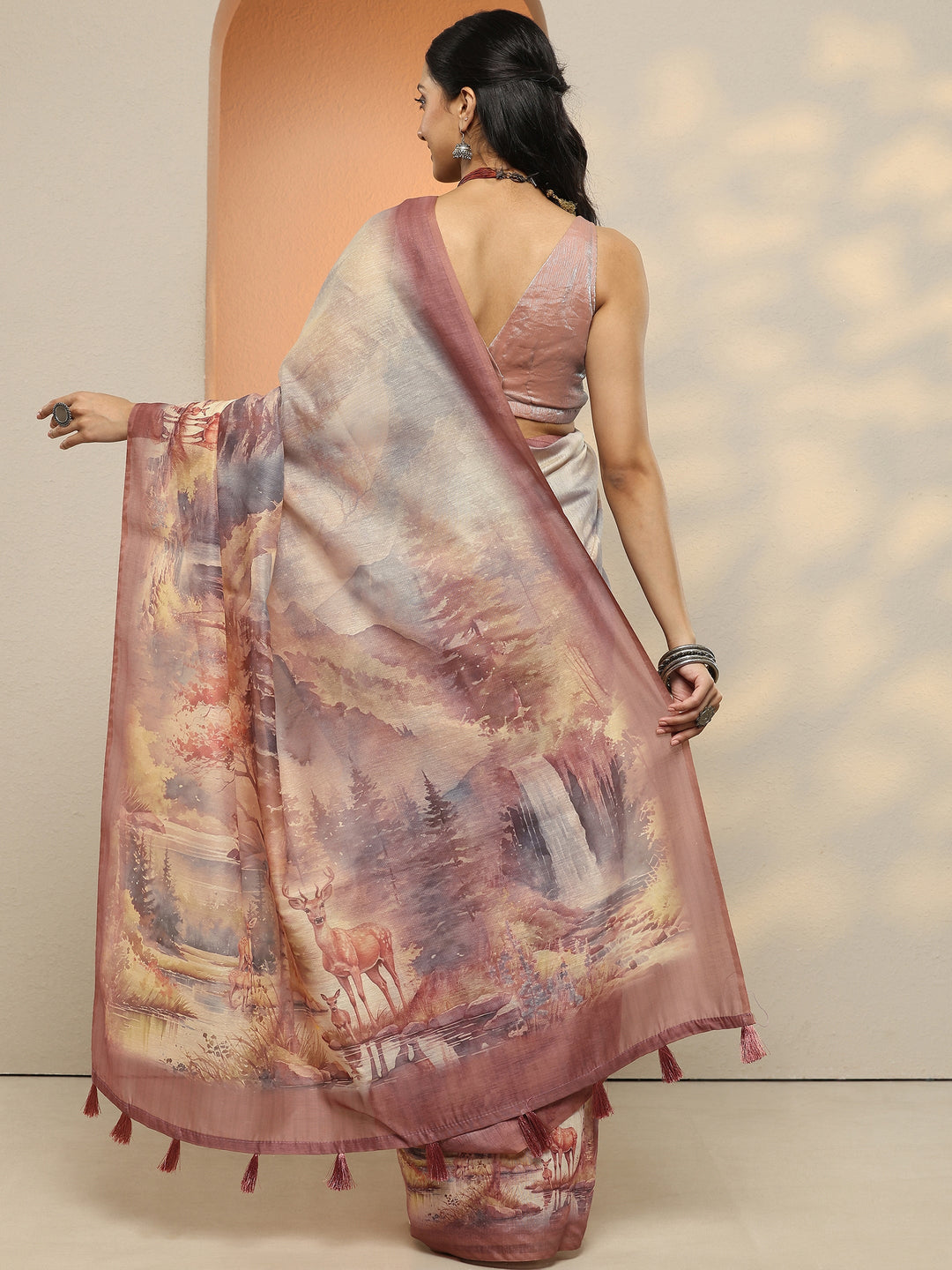  Pink Tribal Printed Silk Blend Saree With Unstitched Blouse Piece 