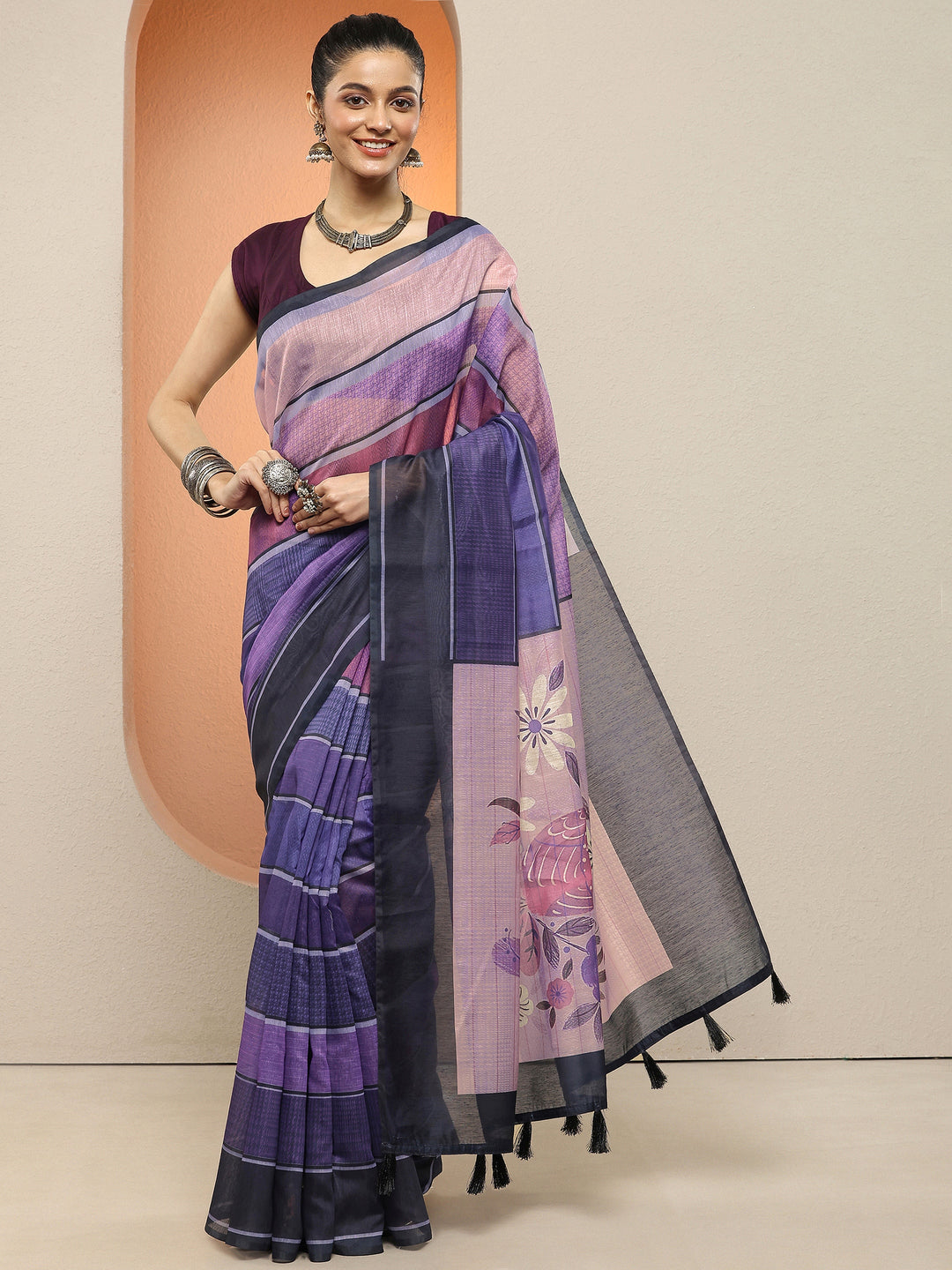  Purple Printed Silk Blend Sarees With Unstitched Blouse Piece 