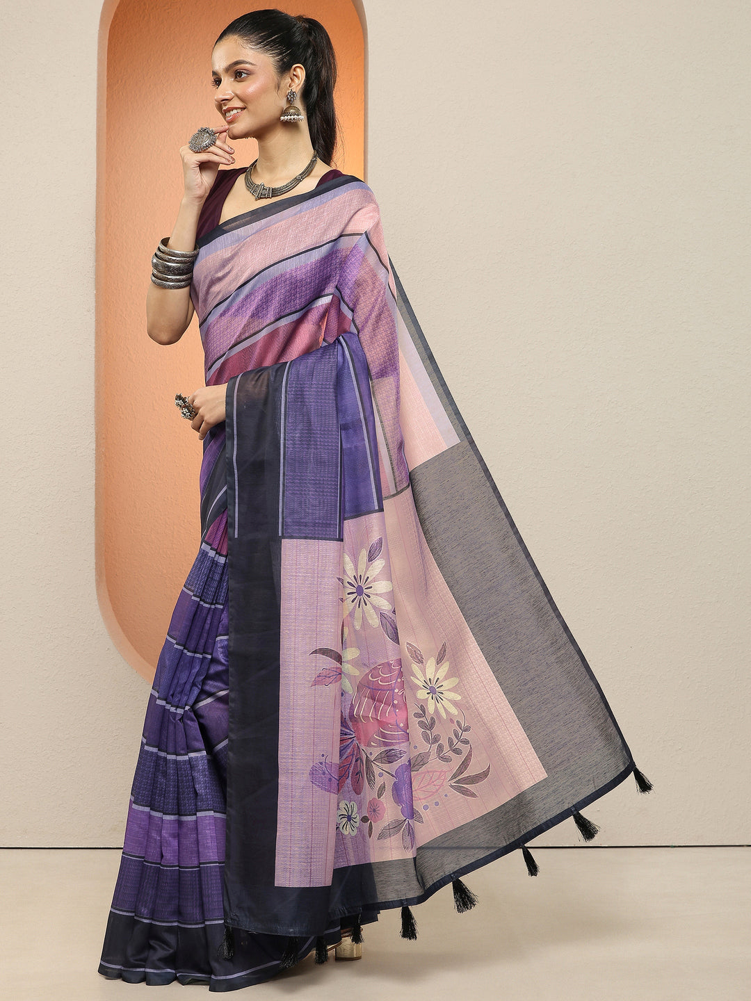  Purple Printed Silk Blend Sarees With Unstitched Blouse Piece 