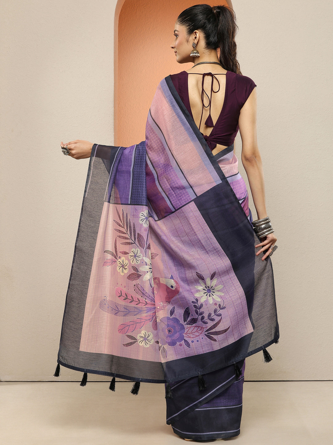  Purple Printed Silk Blend Sarees With Unstitched Blouse Piece 