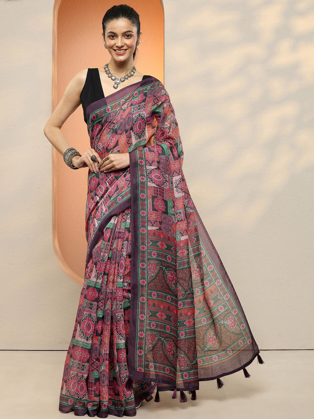  Multi Printed Silk Blend Saree With Unstitched Blouse Piece 