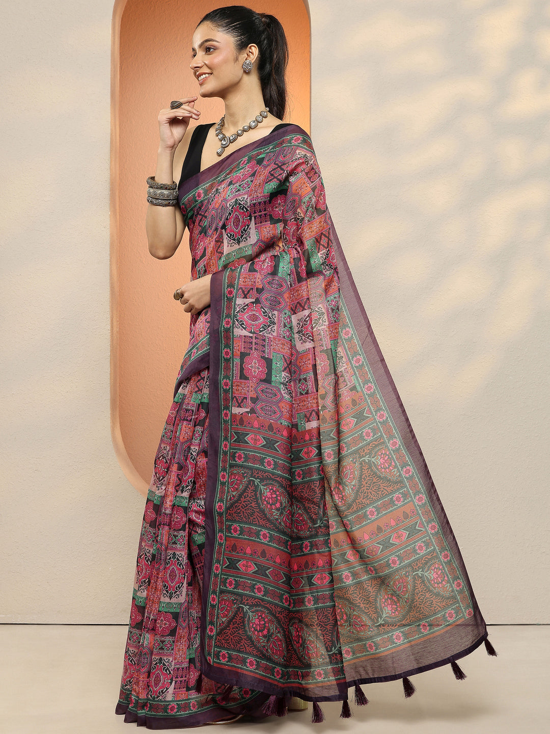  Multi Printed Silk Blend Saree With Unstitched Blouse Piece 