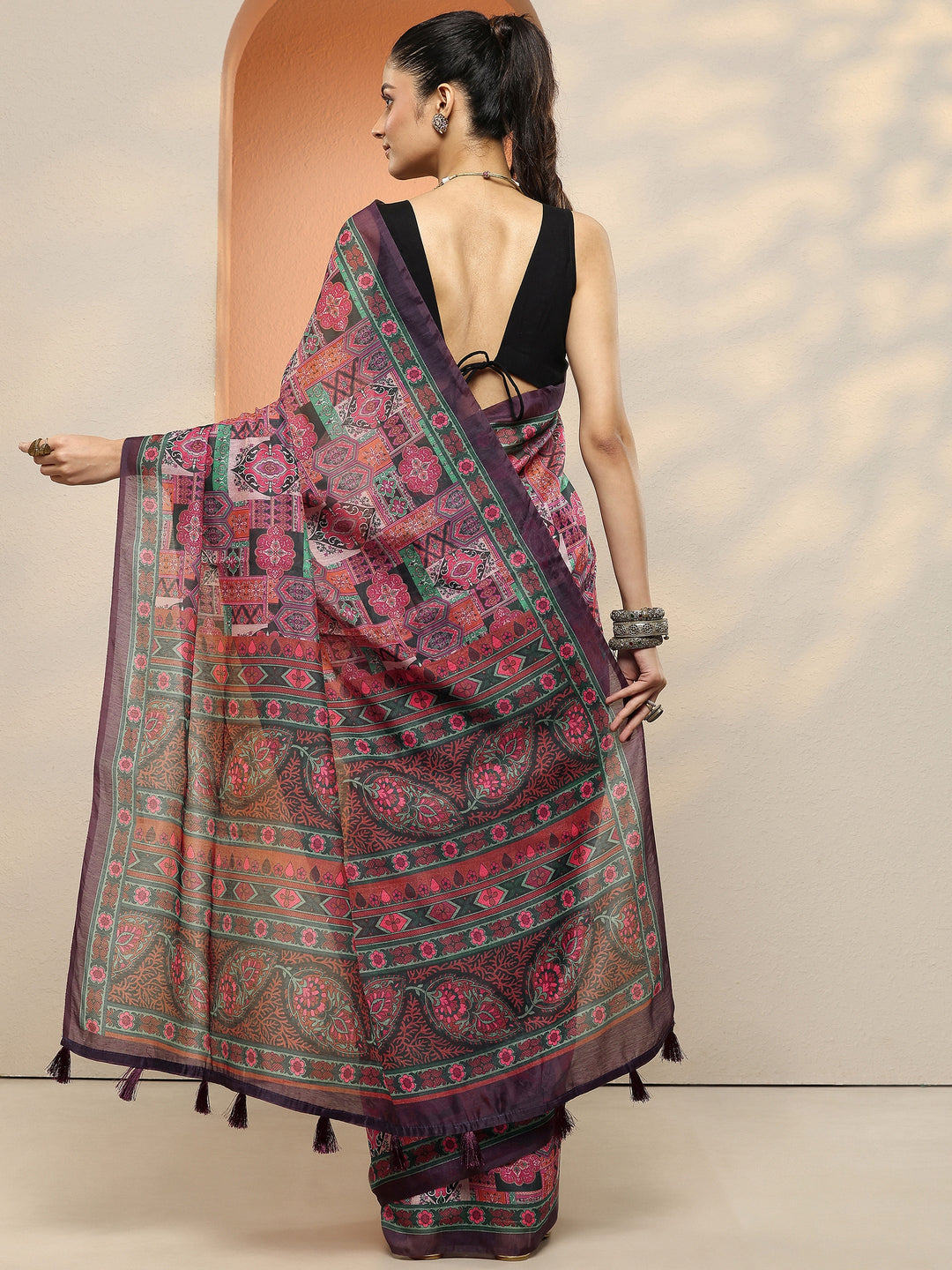  Multi Printed Silk Blend Saree With Unstitched Blouse Piece 