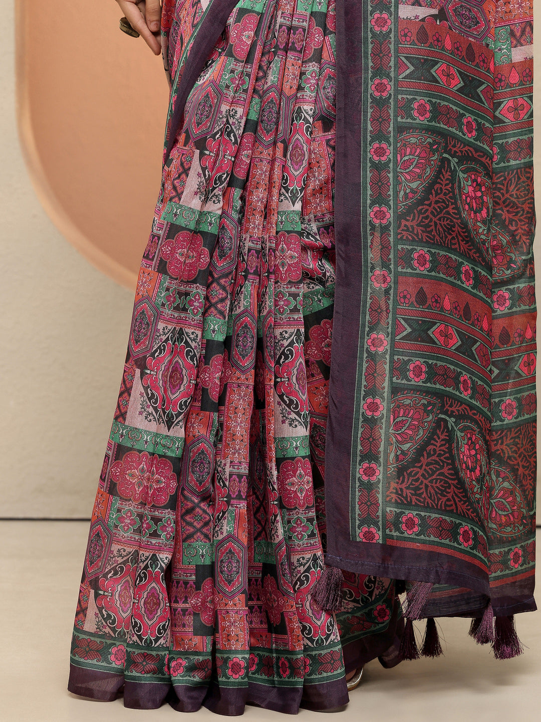  Multi Printed Silk Blend Saree With Unstitched Blouse Piece 