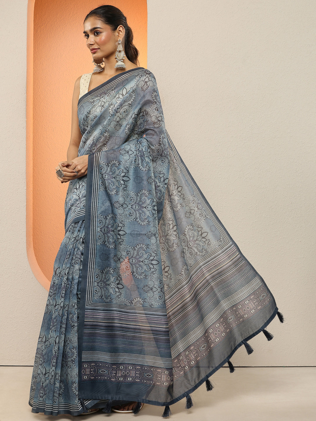  Blue Printed Silk Blend Sarees With Unstitched Blouse Piece 