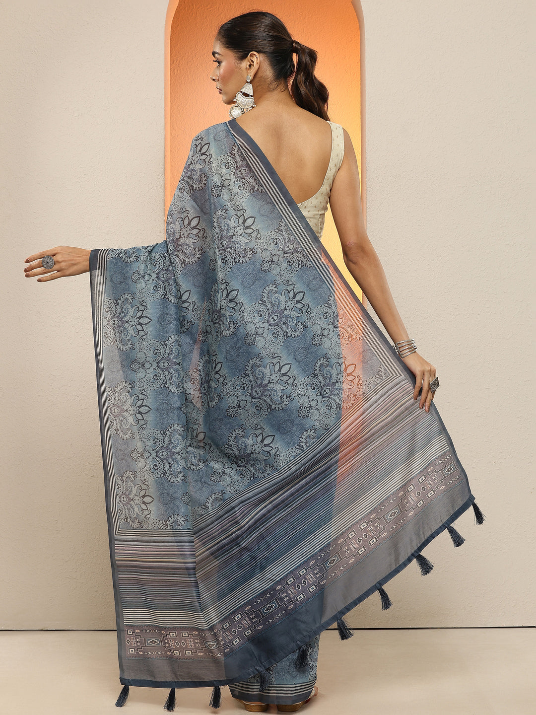  Blue Printed Silk Blend Sarees With Unstitched Blouse Piece 