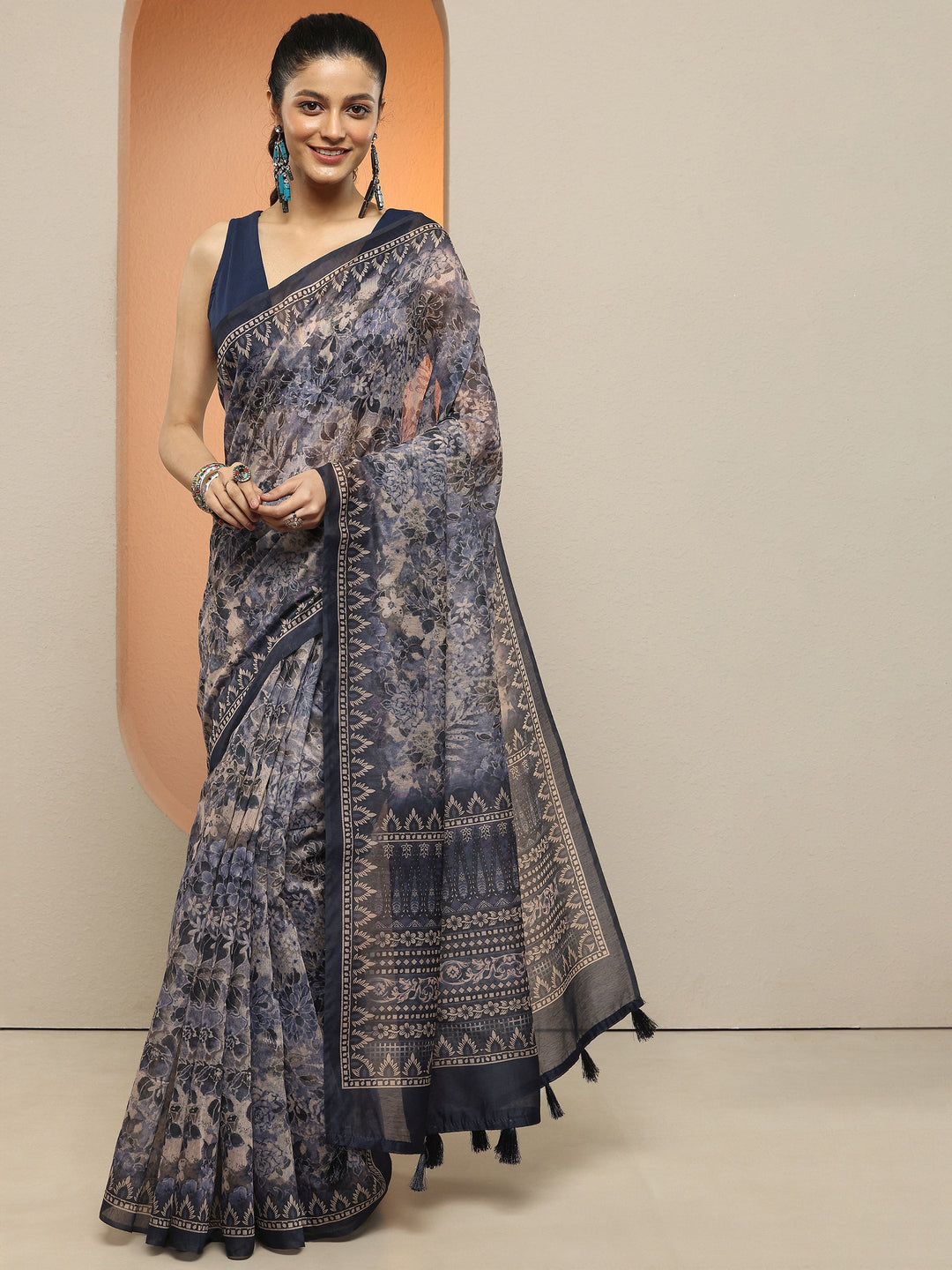  Blue Printed Silk Blend Saree With Unstitched Blouse Piece 