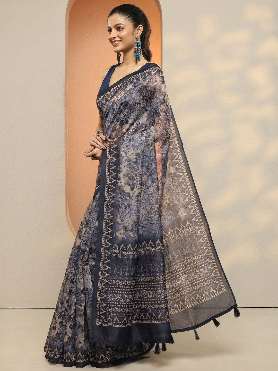  Blue Printed Silk Blend Saree With Unstitched Blouse Piece 