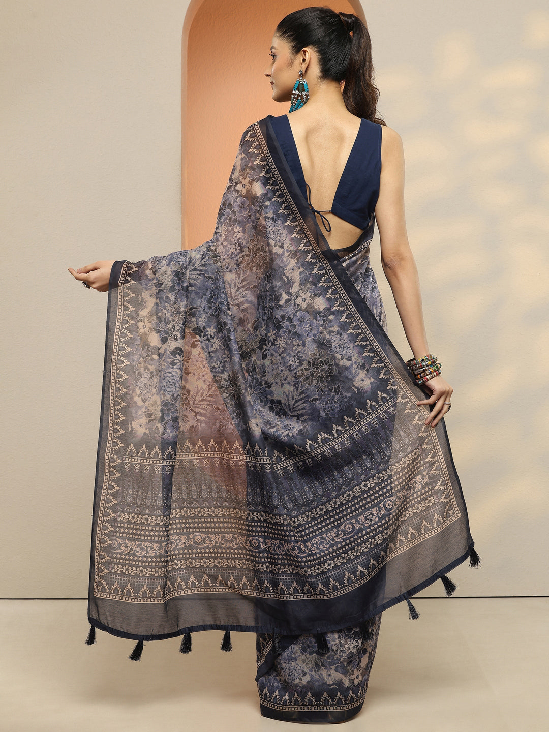  Blue Printed Silk Blend Saree With Unstitched Blouse Piece 