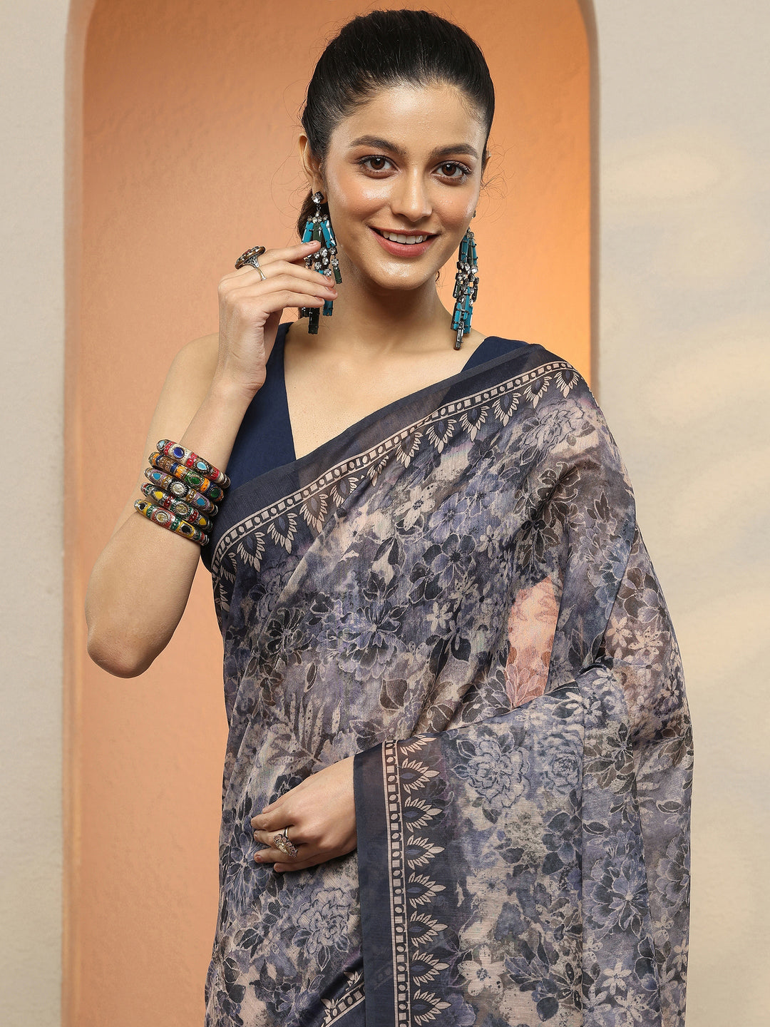  Blue Printed Silk Blend Saree With Unstitched Blouse Piece 