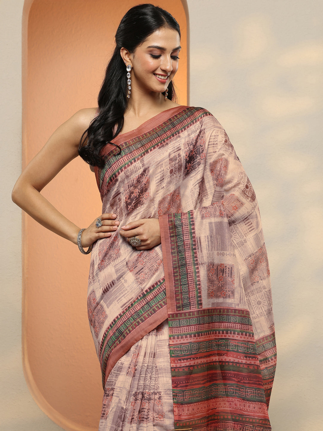  Brown Printed Silk Blend Saree With Unstitched Blouse Piece 