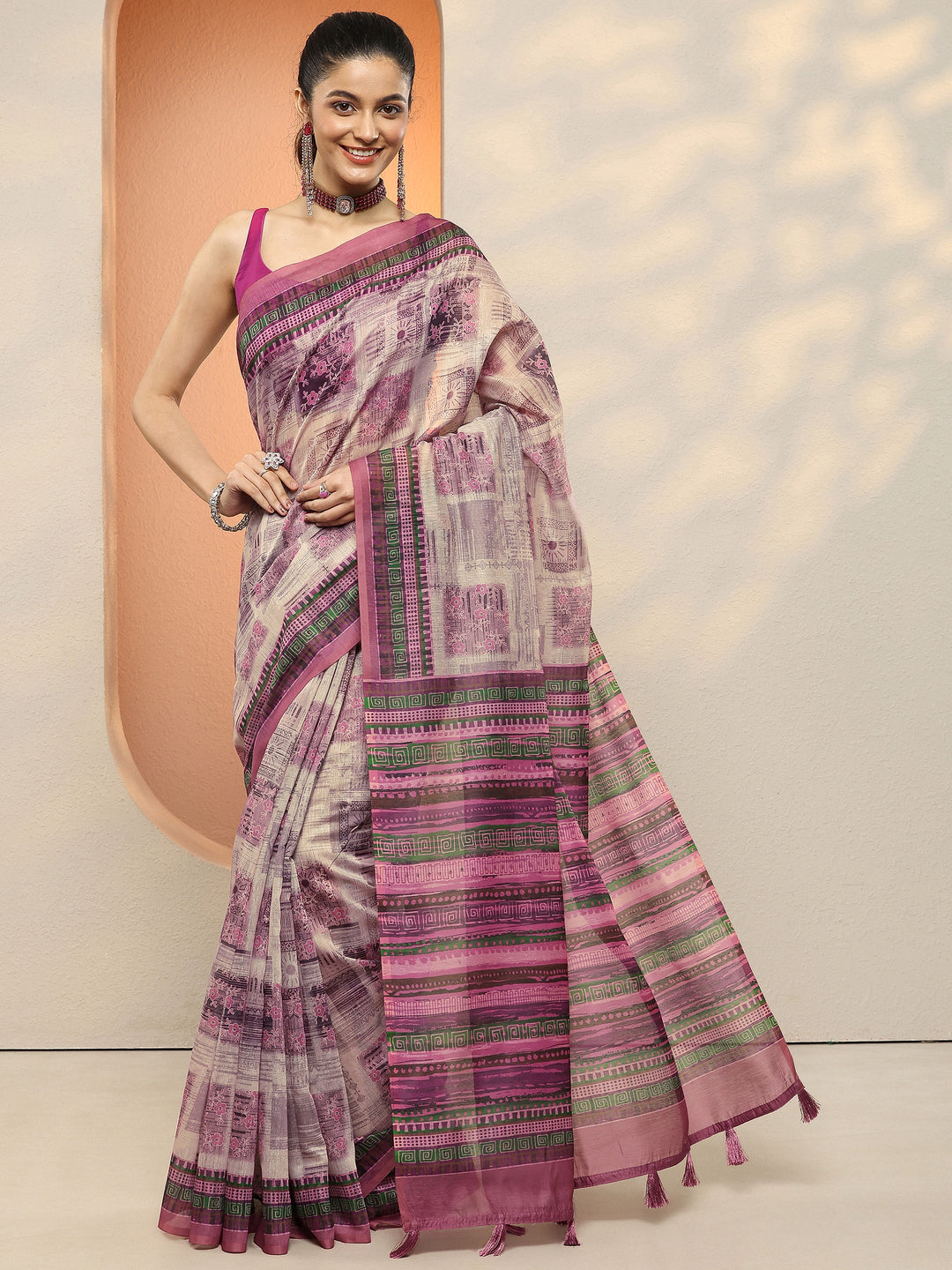  Purple Printed Silk Blend Sarees With Unstitched Blouse Piece 
