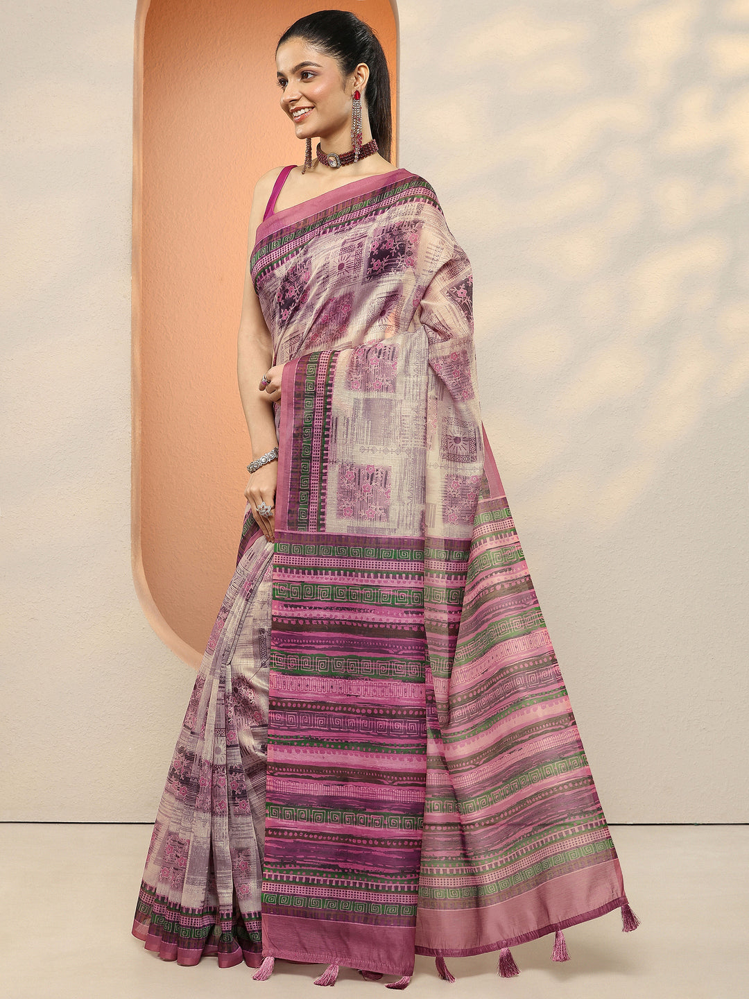  Purple Printed Silk Blend Sarees With Unstitched Blouse Piece 