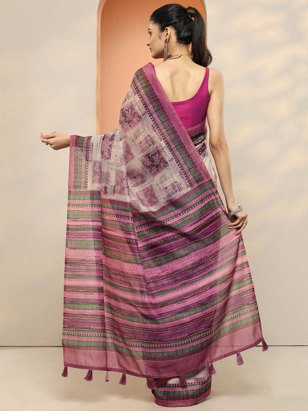  Purple Printed Silk Blend Sarees With Unstitched Blouse Piece 